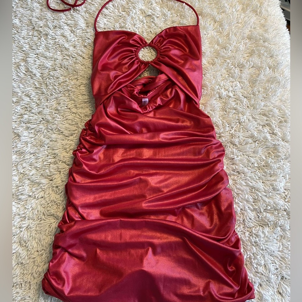 Red dress, Lucy in the sky, tie back, halter neck